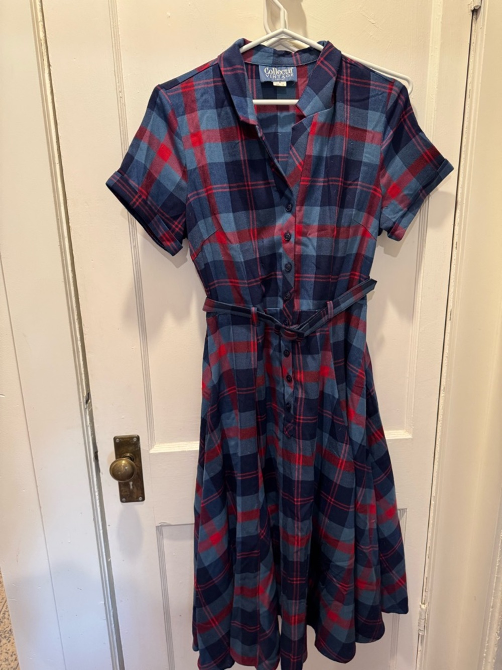 Vintage inspired Blue & Red Plaid Button-Front Shirt Dress